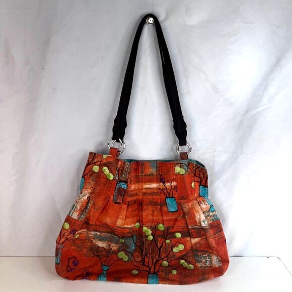 Multi Print Cloth Boho Hobo Handbag Tote Snap Top Leather Handles - Picture 8 of 8